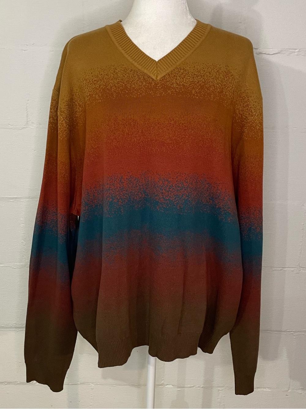 The Territory Ahead Ombre V‑Neck Sweater in Mustard, Rust & Teal